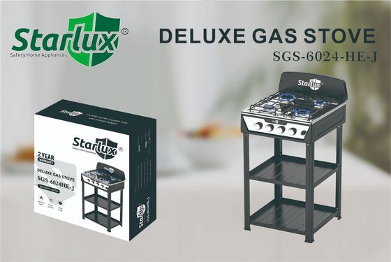 Cuisinière à gaz commerciale à 4 brûleurs avec allumage électronique, revêtement plastique et bouton de commande en fer pour allumage manuel