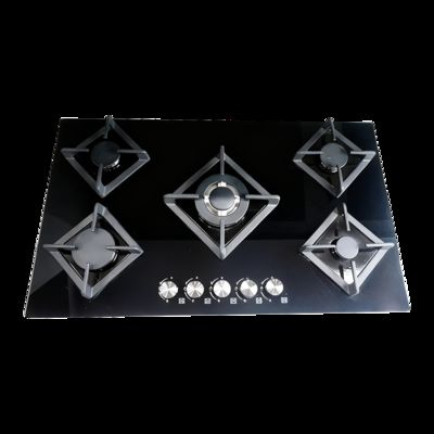 Harga yang bagus Kompor Gas 5 Tungku Permukaan Kaca Tempered Terpasang Perlindungan Padam Api Untuk Penggunaan Hotel Atau Rumah Tangga on line