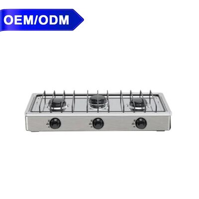 Bom preço Fogão a gás de 3 queimadores em aço inoxidável, potente e personalizável para cozinha doméstica on-line
